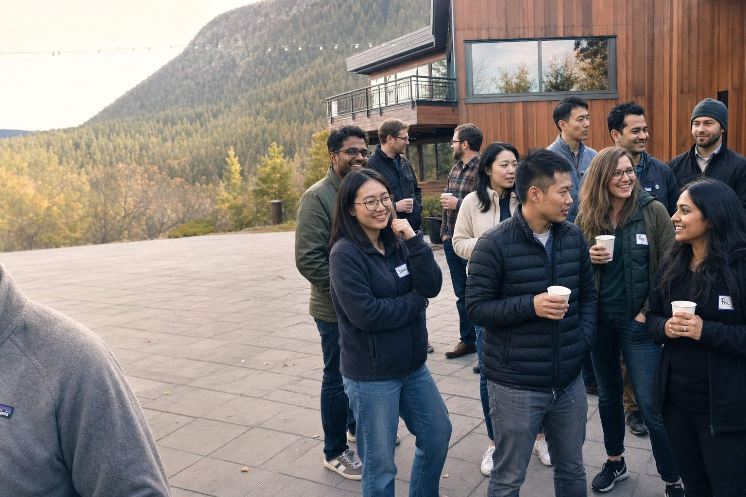 Lab-Δ team Q4 2025 retreat — confidential. Front row, left to right: Wang Qihang, Lin Lan, [REDACTED], He Jiaming.